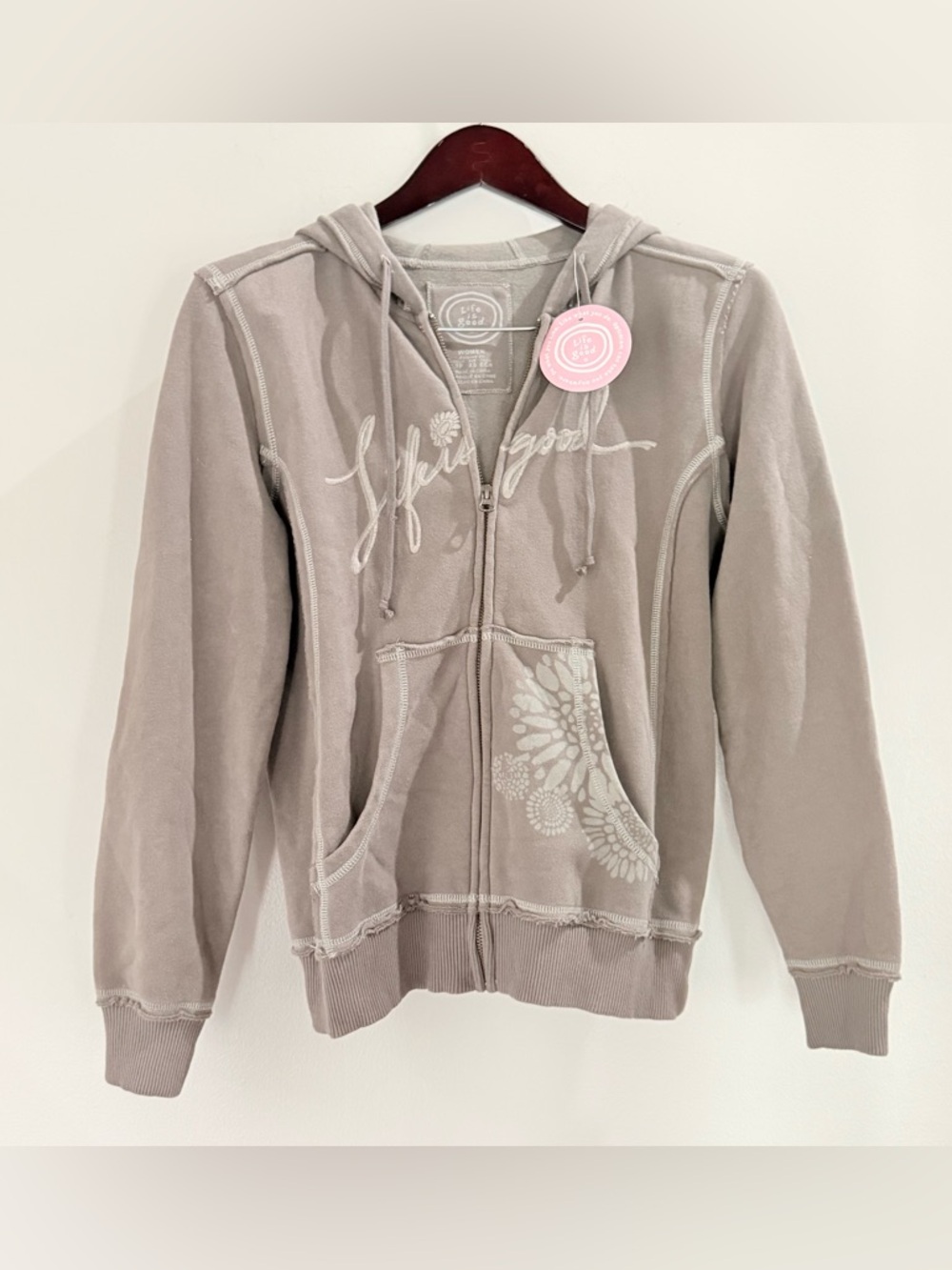 Life Is Good Zip Front Hoodie in Taupe Gray Women’s Size XS Embroidered NWT